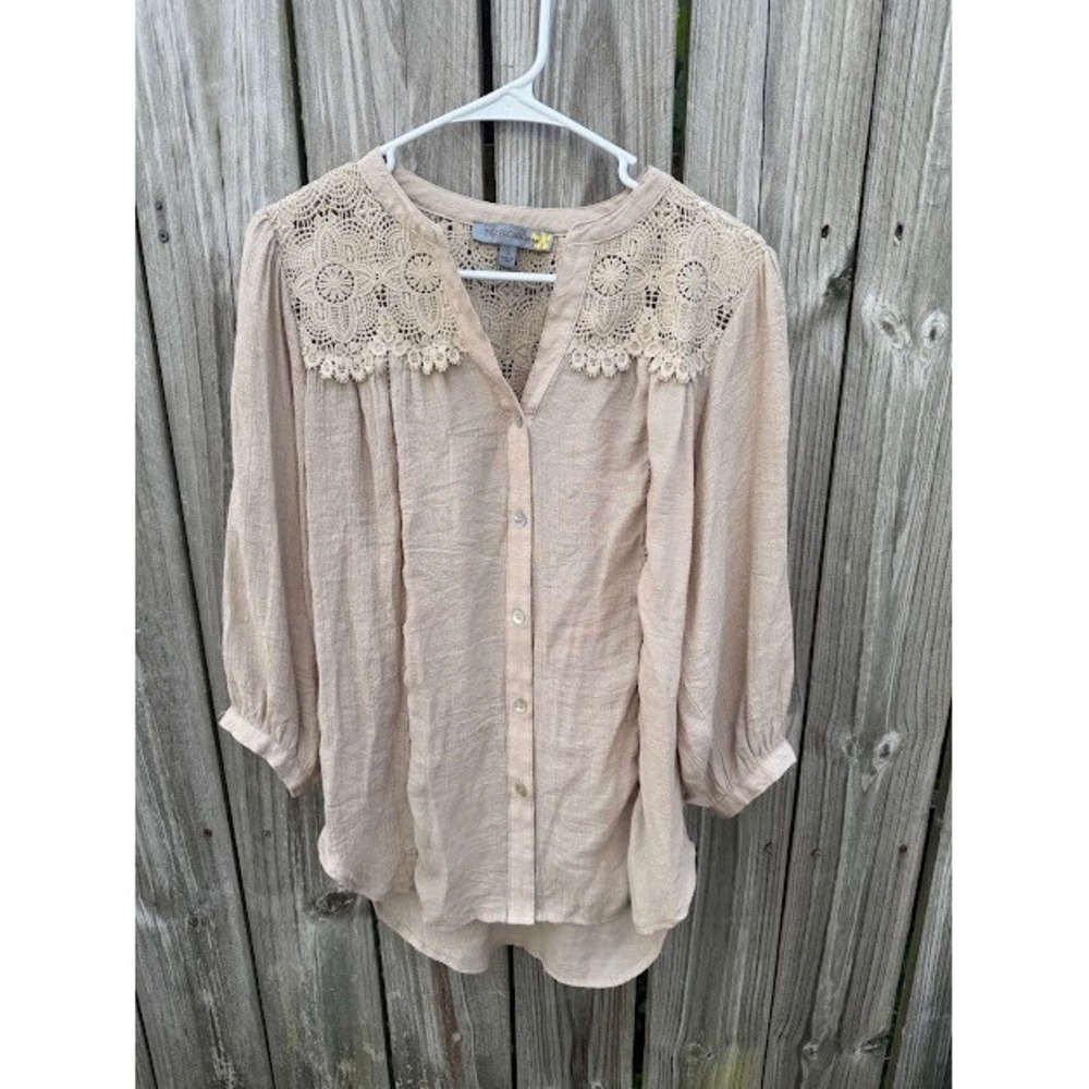 Boho Cottagecore Figueroa & Flower Blouse Small Tan Crochet Lace Peasant Top